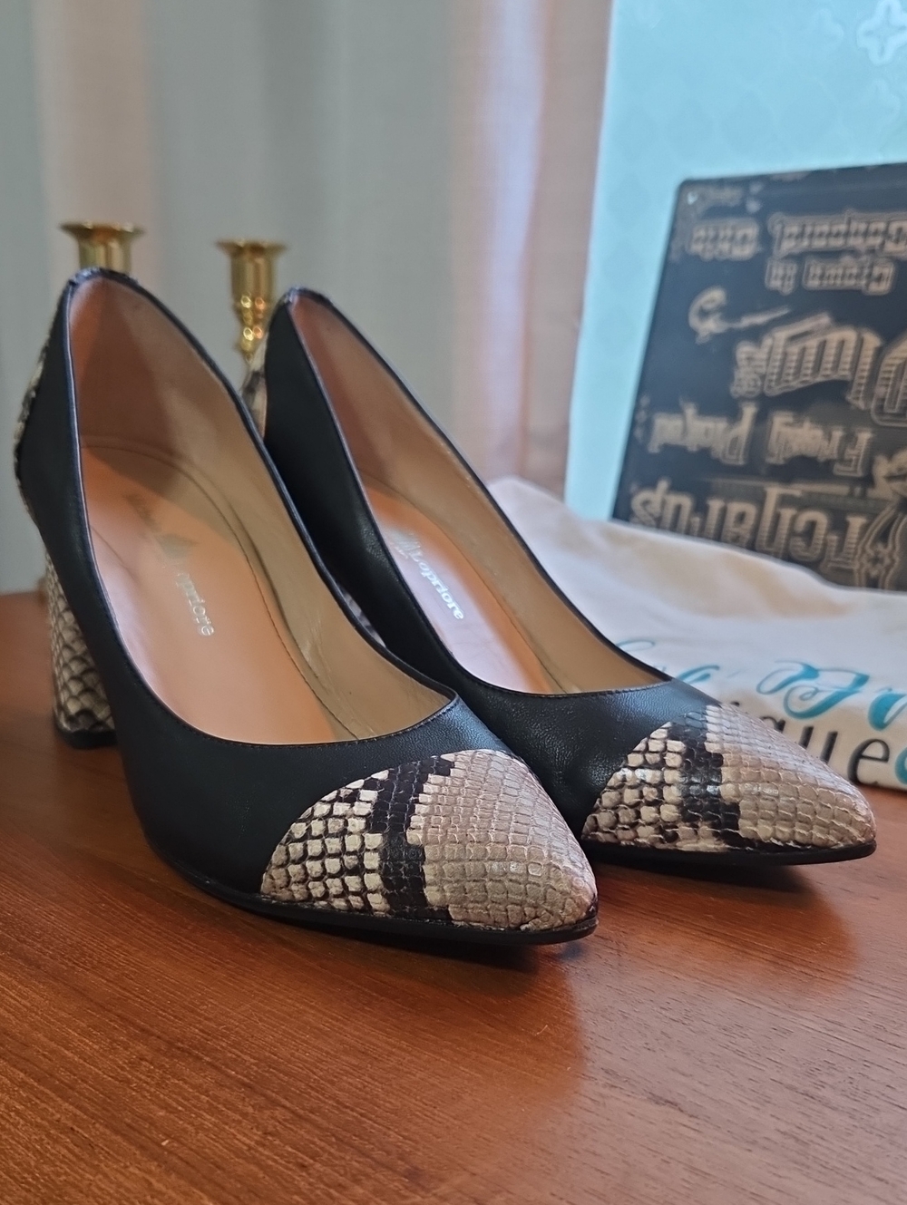 Michele Lopriore Black Pumps with Snake-Print Toe and Heel
